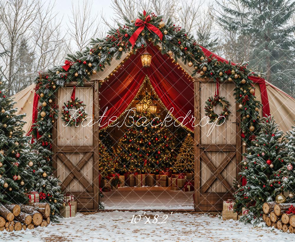 Kate Weihnachten Baum Scheune Bogen Schnee Wald Hintergrund entworfen von Emetselch - Kate Backdrop.de