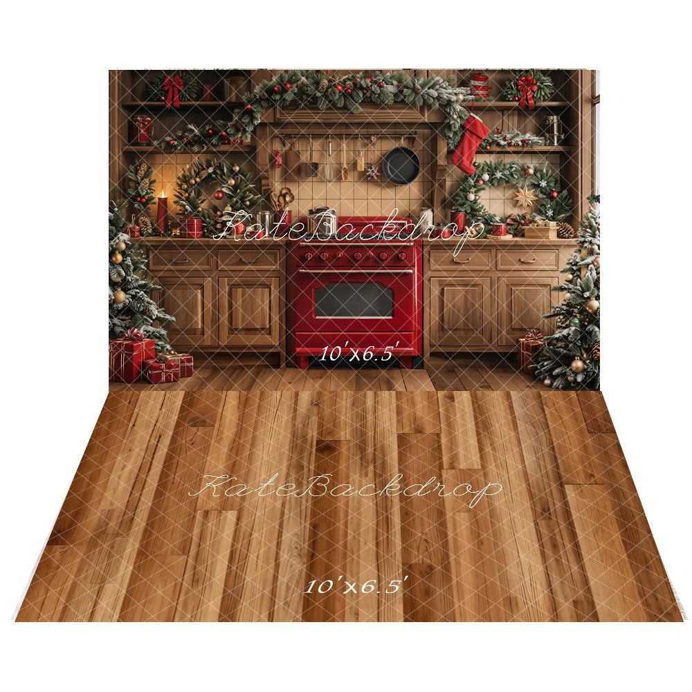 ⚡Blitzangebote #2-Kate Weihnachten Küchenschrank hölzerne Girlande Hintergrund+Rustikaler Holzboden Hintergrund - Kate Backdrop.de