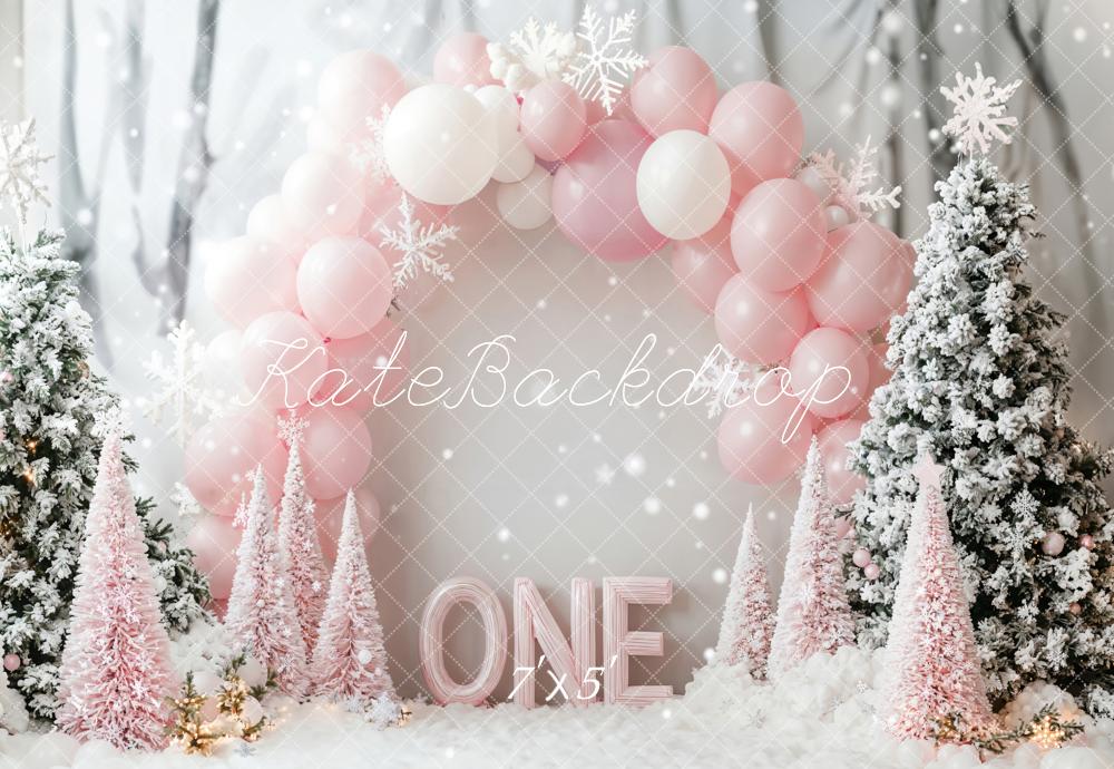⚡Blitzangebote #1-Kate Winter Weihnachten 1. Geburtstag Wonderland rosa Luftballon Hintergrund - Kate Backdrop.de