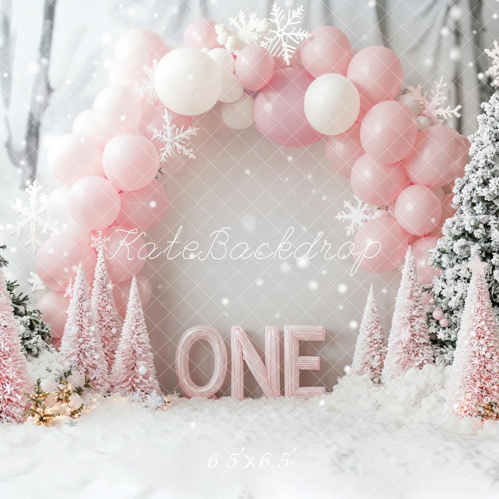⚡Blitzangebote #1-Kate Winter Weihnachten 1. Geburtstag Wonderland rosa Luftballon Hintergrund - Kate Backdrop.de