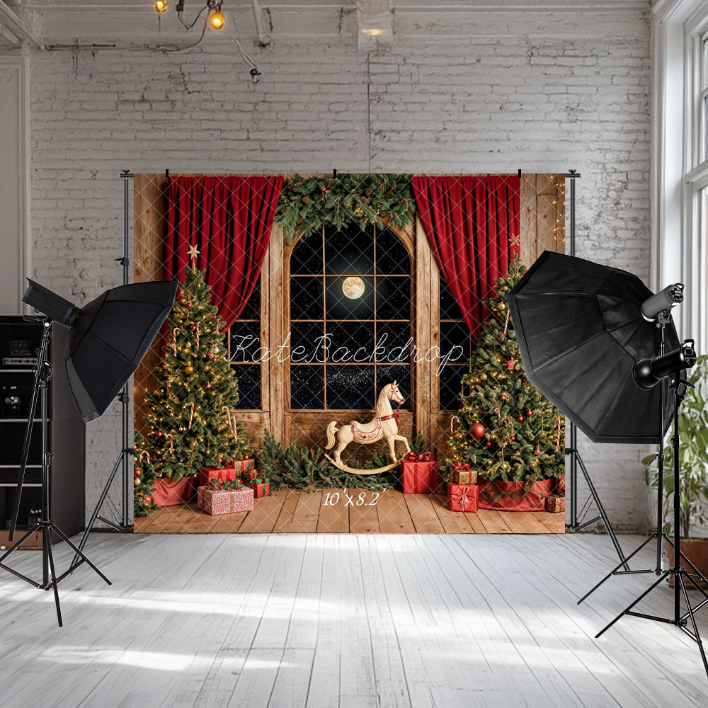 Kate Weihnachten Baum Fenster Schaukelpferd Mond Hintergrund entworfen von Emetselch - Kate Backdrop.de