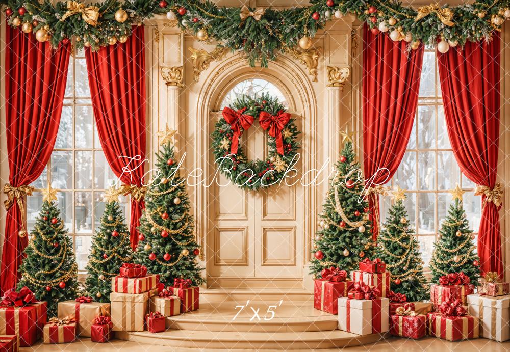 Kate Weihnachten Baum Rot Vorhang Tür Kranz Hintergrund entworfen von Emetselch - Kate Backdrop.de