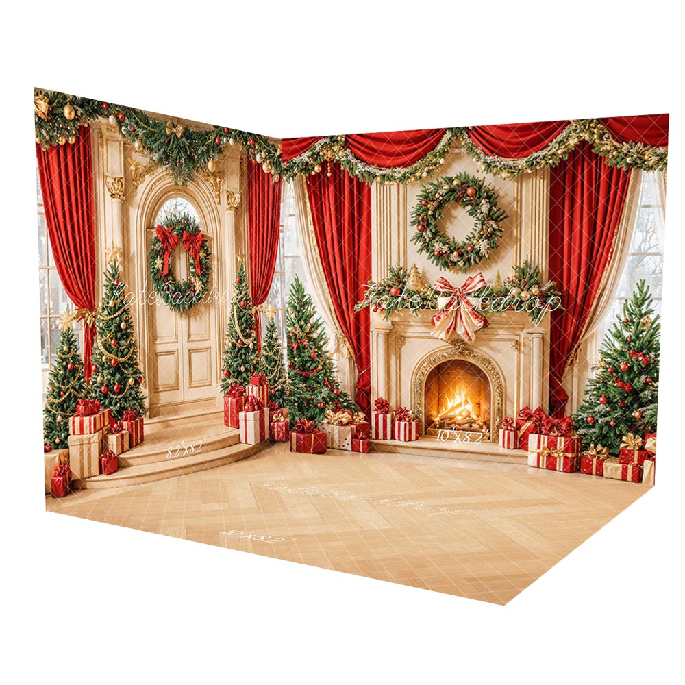 ⚡Blitzangebote #1-Kate Weihnachten Baum Retro Kamin Kranz Innen Raum Hintergrund-Set - Kate Backdrop.de