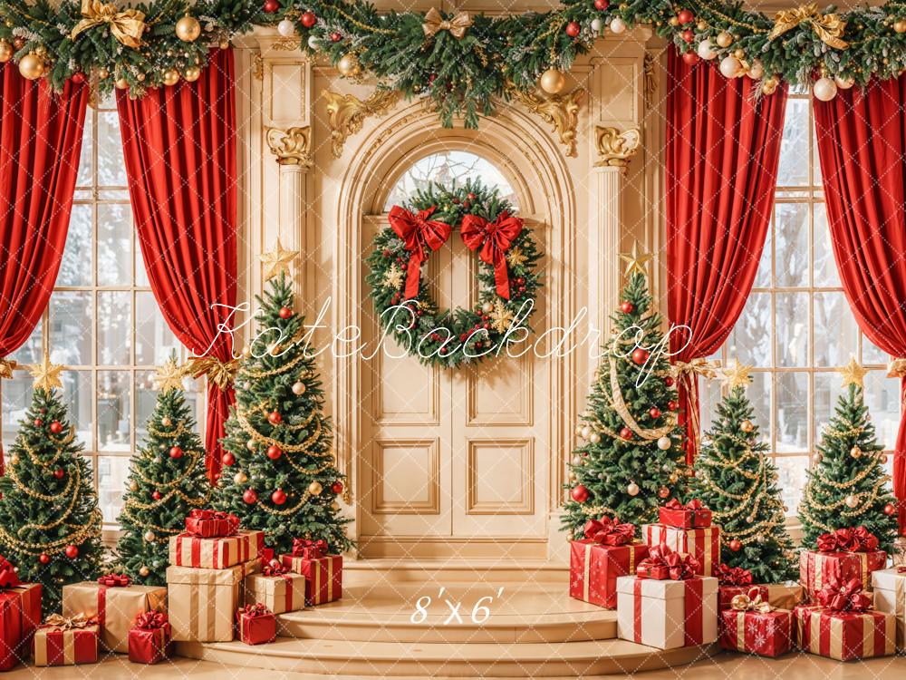 Kate Weihnachten Baum Rot Vorhang Tür Kranz Hintergrund entworfen von Emetselch - Kate Backdrop.de