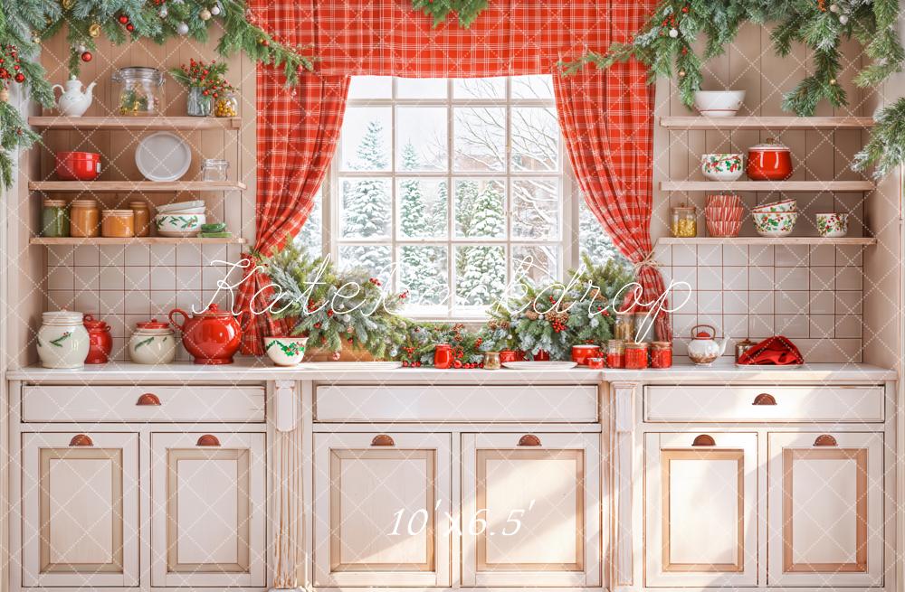 Kate Weihnachten Küchenschrank Fenster Rot Vorhang Hintergrund entworfen von Emetselch - Kate Backdrop.de
