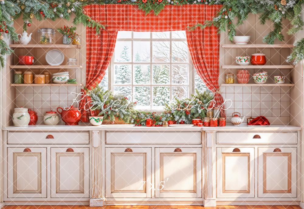 Kate Weihnachten Küchenschrank Fenster Rot Vorhang Hintergrund entworfen von Emetselch - Kate Backdrop.de