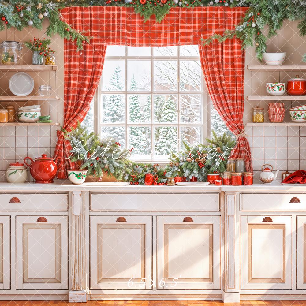 Kate Weihnachten Küchenschrank Fenster Rot Vorhang Hintergrund entworfen von Emetselch - Kate Backdrop.de