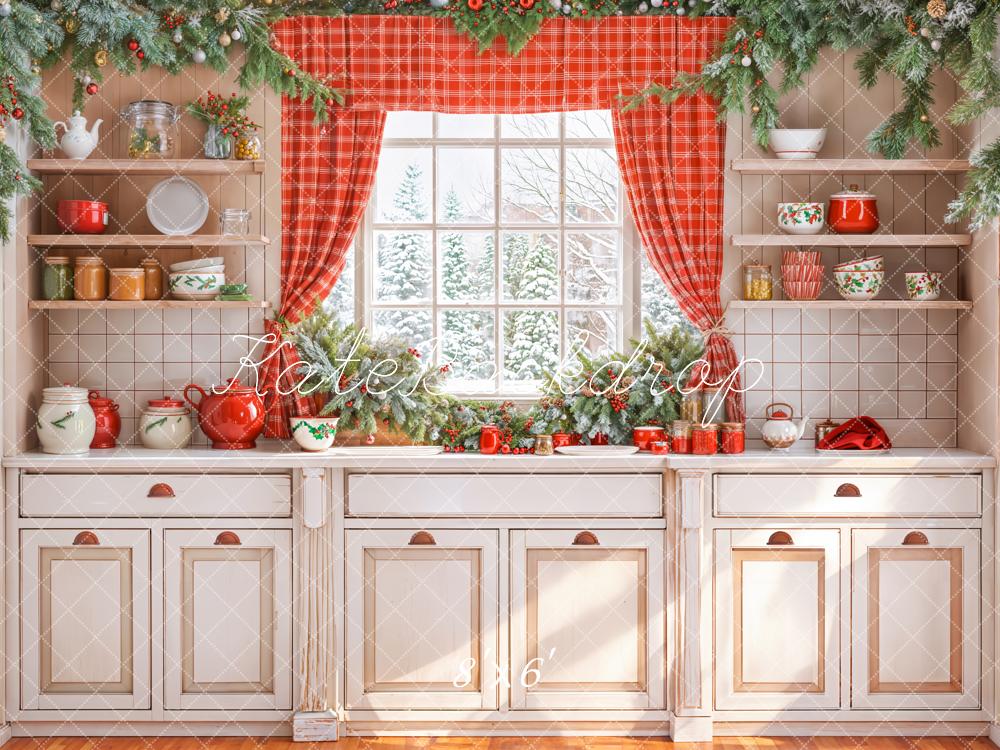 Kate Weihnachten Küchenschrank Fenster Rot Vorhang Hintergrund entworfen von Emetselch - Kate Backdrop.de