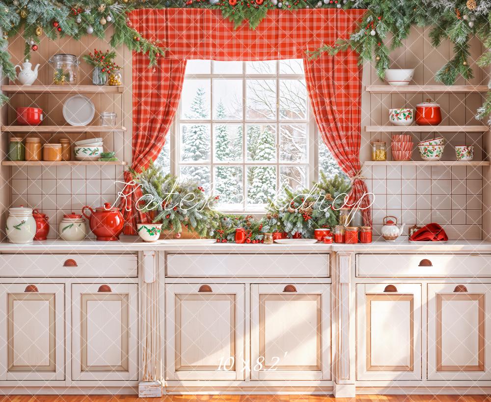 Kate Weihnachten Küchenschrank Fenster Rot Vorhang Hintergrund entworfen von Emetselch - Kate Backdrop.de