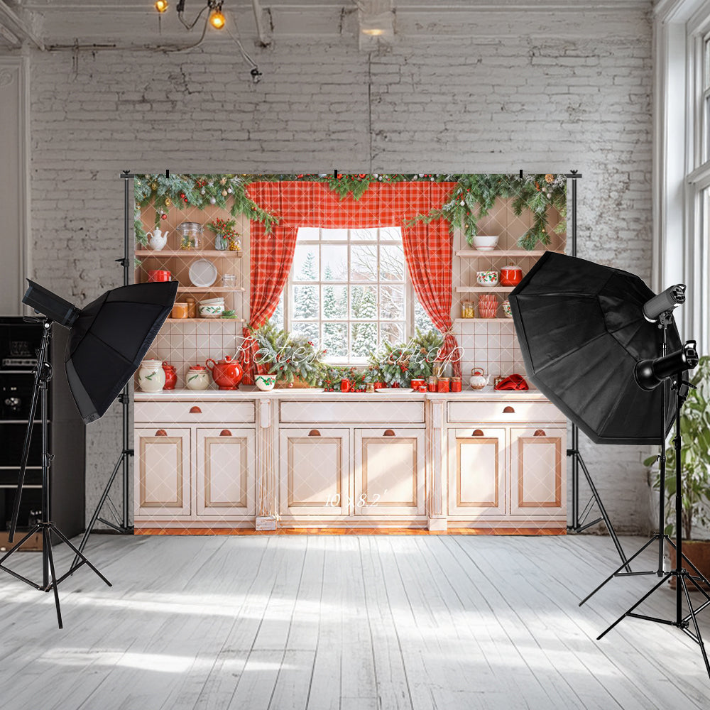 Kate Weihnachten Küchenschrank Fenster Rot Vorhang Hintergrund entworfen von Emetselch - Kate Backdrop.de