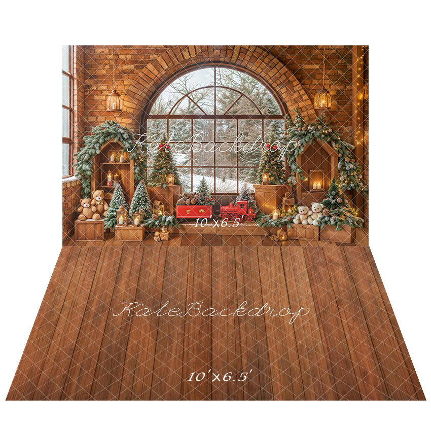 Kate Weihnachten Spielzeug Zimmer Fenster Backstein Holz Hintergrund+rustikalen braunen Holzboden Hintergrund - Kate Backdrop.de