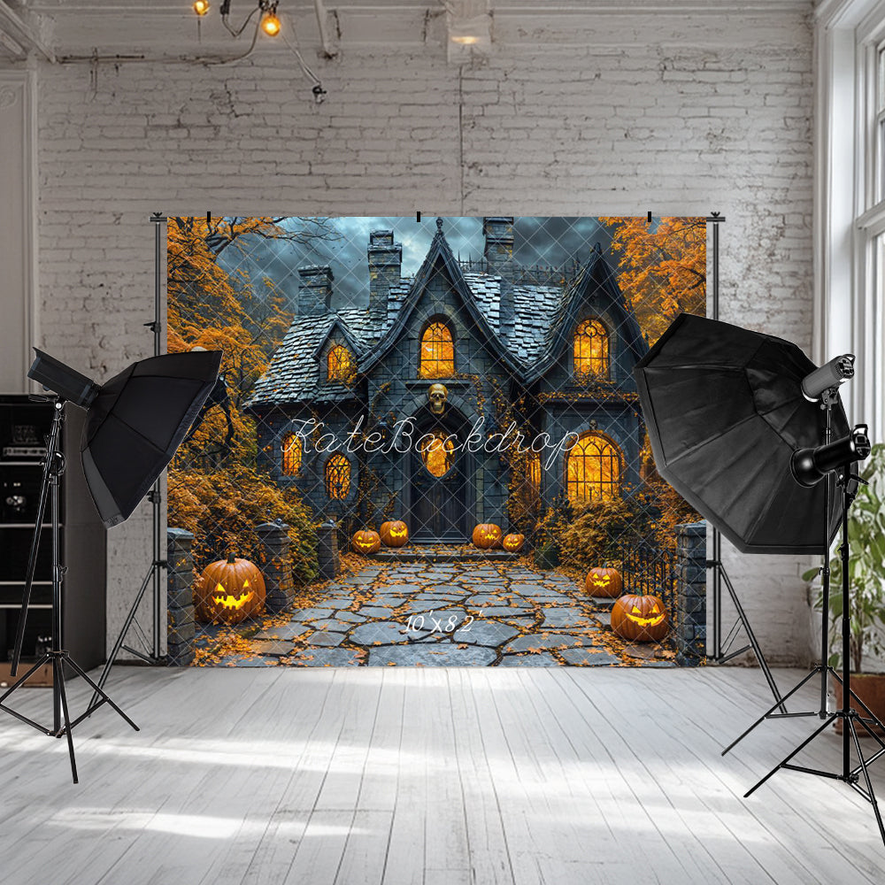 Kate Halloween Spukhaus Kürbisse Ahornbäume Hintergrund entworfen von Emetselch - Kate Backdrop.de