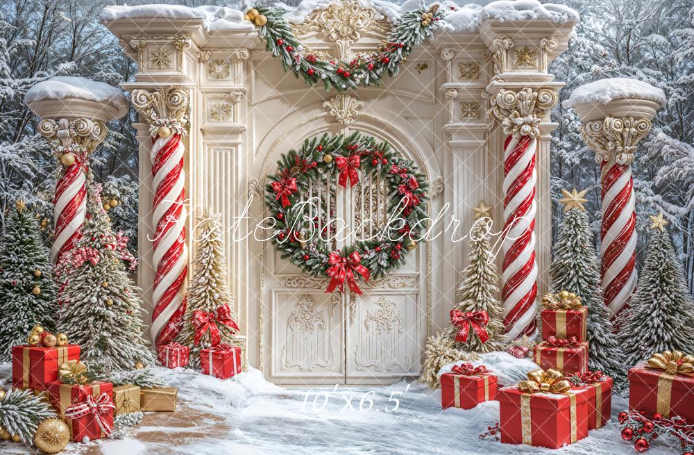 Kate Weihnachten Kranz Retro Tür Säulen Schnee Hintergrund entworfen von Emetselch - Kate Backdrop.de
