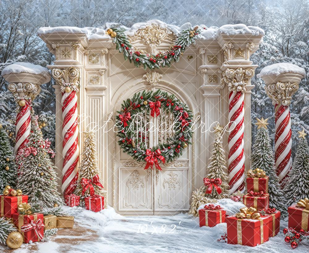 Kate Weihnachten Kranz Retro Tür Säulen Schnee Hintergrund entworfen von Emetselch - Kate Backdrop.de