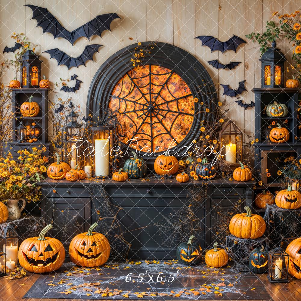 Kate Halloween -Kürbis Spinnennetz Fledermaus Schwarz Schränke Hintergrund entworfen von Emetselch - Kate Backdrop.de