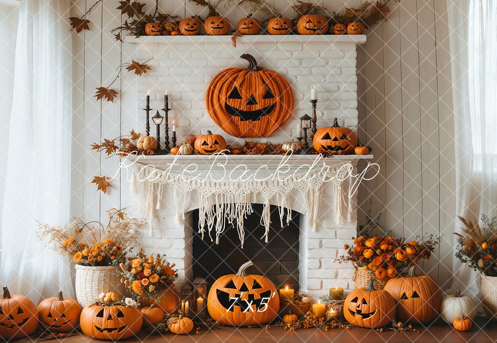 Kate Halloween Kürbisse Kamin Blumen Weiß Hintergrund entworfen von Emetselch - Kate Backdrop.de