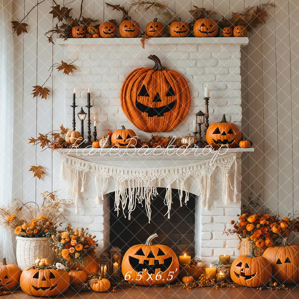 Kate Halloween Kürbisse Kamin Blumen Weiß Hintergrund entworfen von Emetselch - Kate Backdrop.de