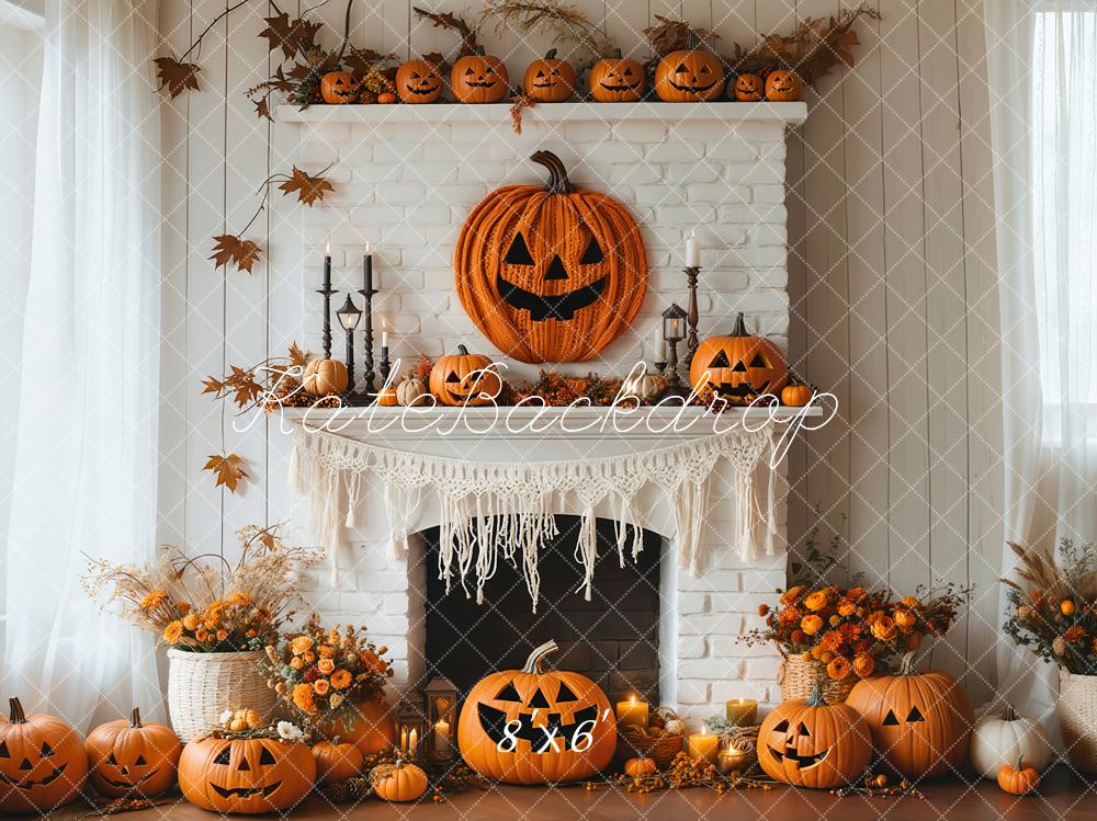 Kate Halloween Kürbisse Kamin Blumen Weiß Hintergrund entworfen von Emetselch - Kate Backdrop.de