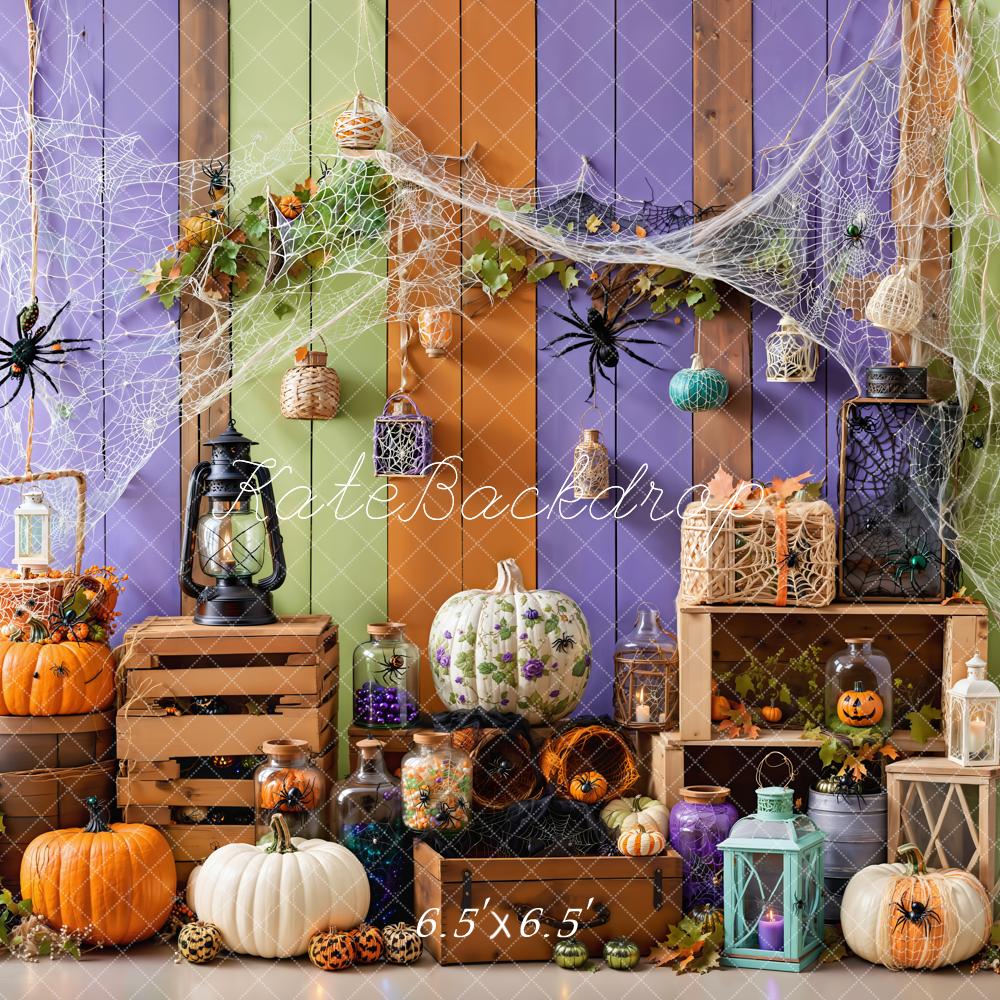 Kate Halloween Kürbisse Laternen Spinnennetze Bunt Hintergrund entworfen von Emetselch - Kate Backdrop.de