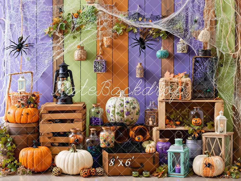 Kate Halloween Kürbisse Laternen Spinnennetze Bunt Hintergrund entworfen von Emetselch - Kate Backdrop.de