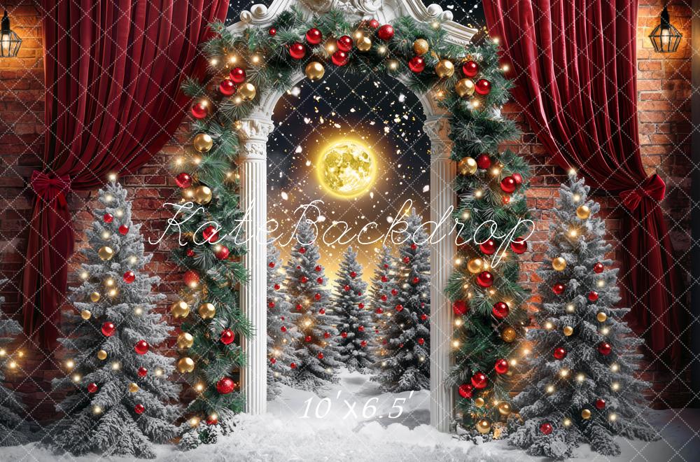 Kate Weihnachten-Baum Mondschein Bogen Rot Vorhang Hintergrund Entworfen von Mini MakeBelieve - Kate Backdrop.de