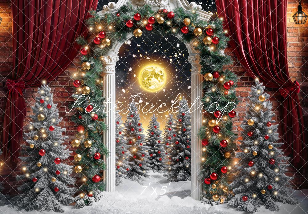 Kate Weihnachten-Baum Mondschein Bogen Rot Vorhang Hintergrund Entworfen von Mini MakeBelieve - Kate Backdrop.de