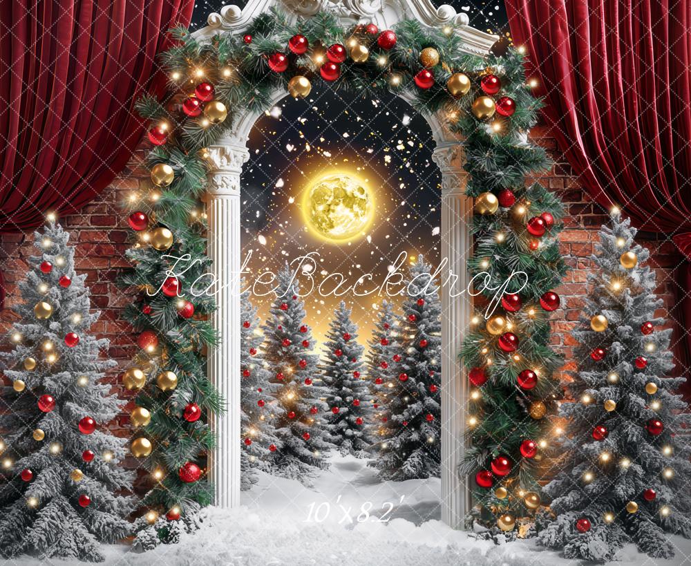 Kate Weihnachten-Baum Mondschein Bogen Rot Vorhang Hintergrund Entworfen von Mini MakeBelieve - Kate Backdrop.de
