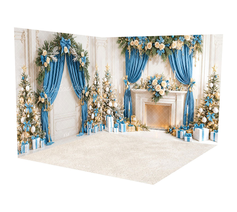 ⚡Blitzangebote #2-Kate Weihnachten-Baum Blaue Vorhänge Weißer Kamin Geschenke Raum Hintergrund-Set - Kate Backdrop.de