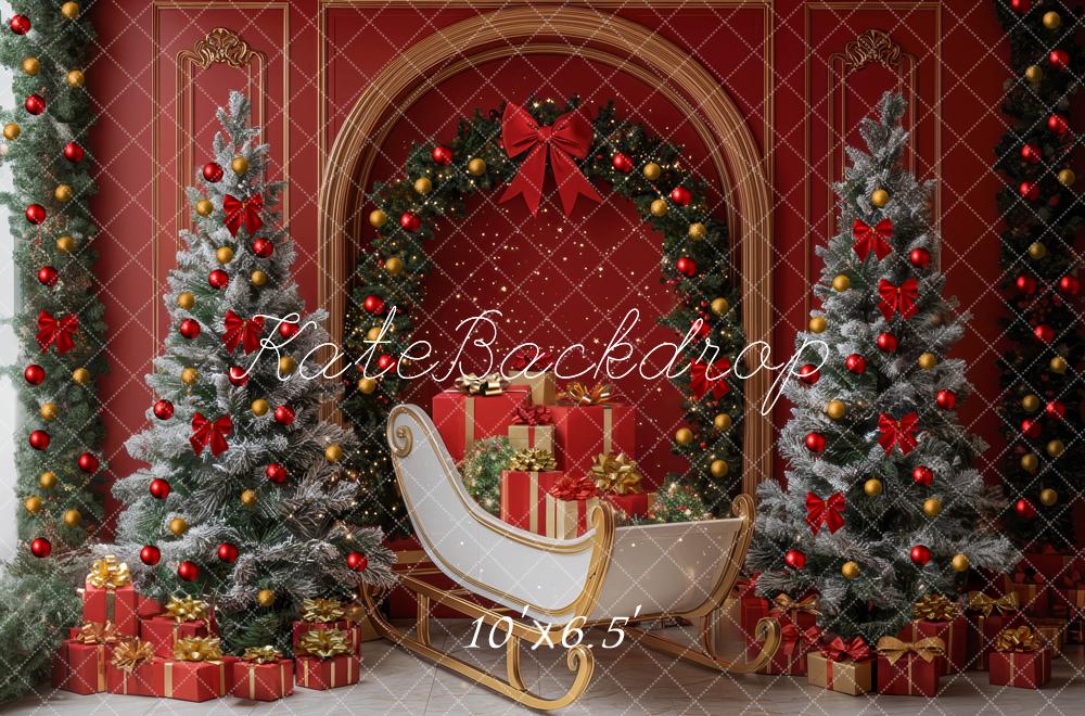 Kate Weihnachten Baum Schlitten Bogen Rot Wand Hintergrund Entworfen von Mini MakeBelieve - Kate Backdrop.de