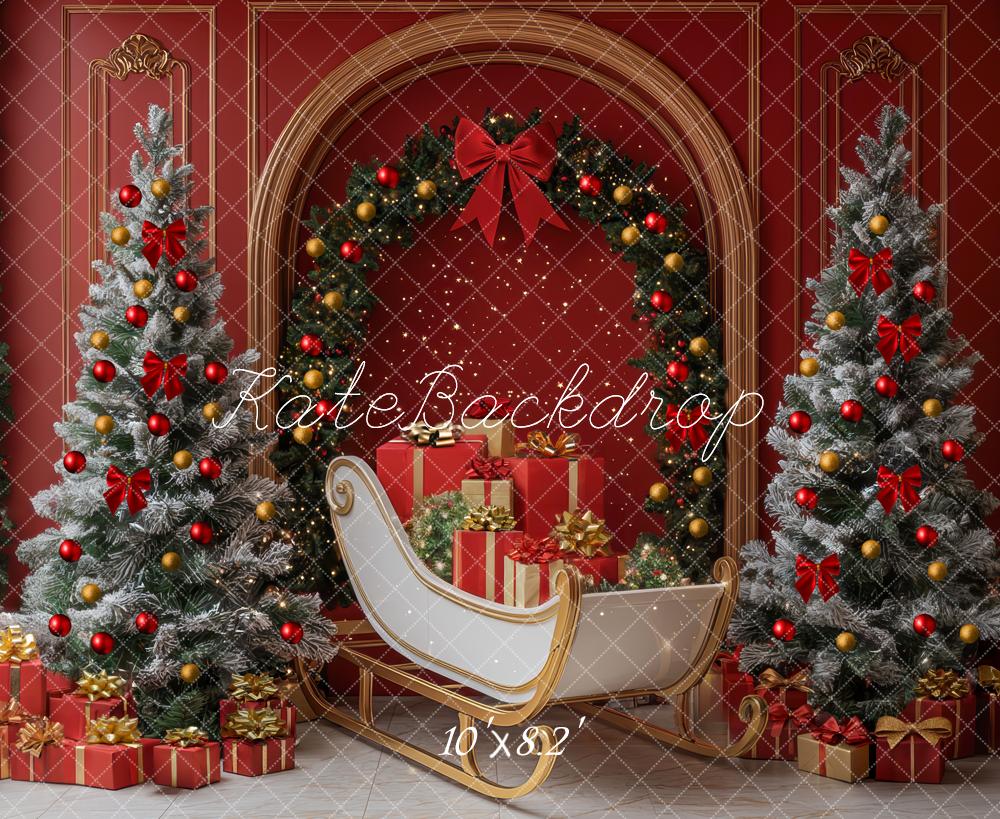 Kate Weihnachten Baum Schlitten Bogen Rot Wand Hintergrund Entworfen von Mini MakeBelieve - Kate Backdrop.de