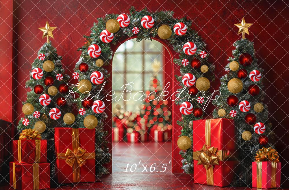 Kate Weihnachten Baum Kandisbogen Geschenk Rot Hintergrund Entworfen von Mini MakeBelieve - Kate Backdrop.de
