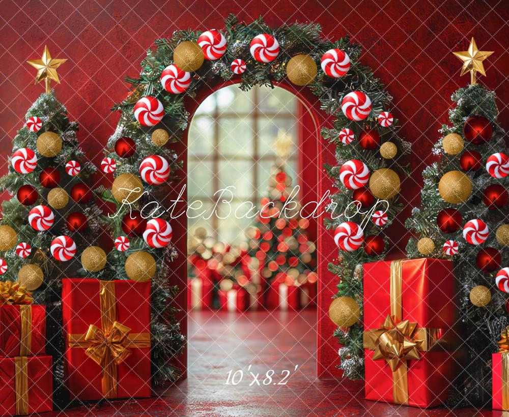 Kate Weihnachten Baum Kandisbogen Geschenk Rot Hintergrund Entworfen von Mini MakeBelieve - Kate Backdrop.de