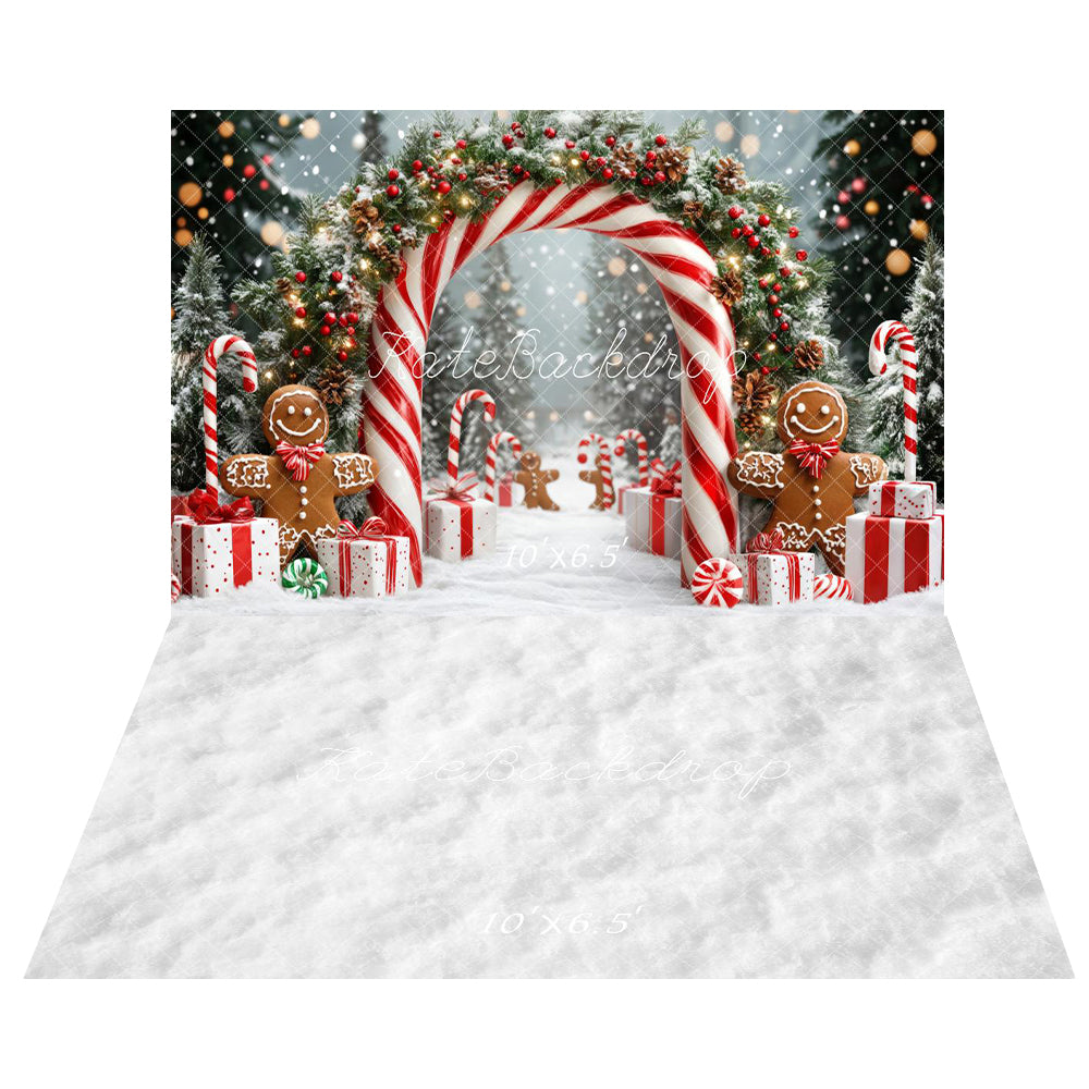 Kate Weihnachten Zuckerstangenbogen Lebkuchen Schnee Hintergrund+Weißer Schnee Boden Hintergrund