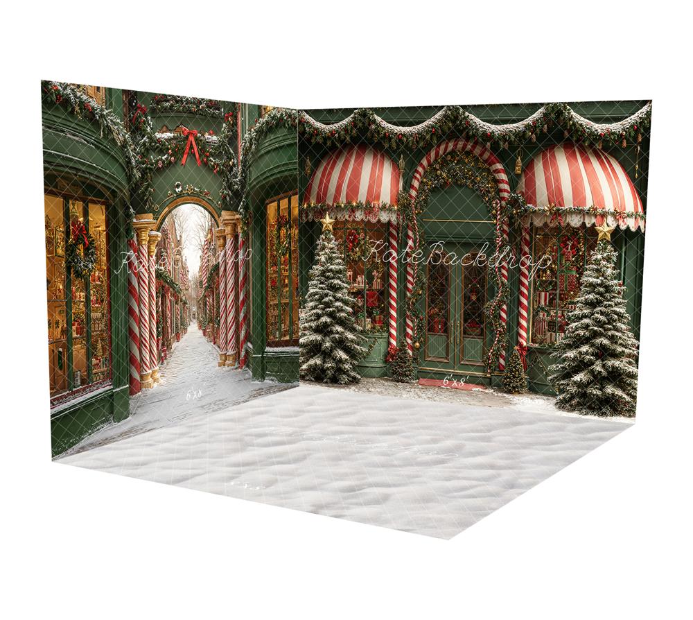 Kate Weihnachten Weihnachtsladen Zuckerstange Gestreifte Markise Verschneite Bäume Raum Hintergrund-Set - Kate Backdrop.de