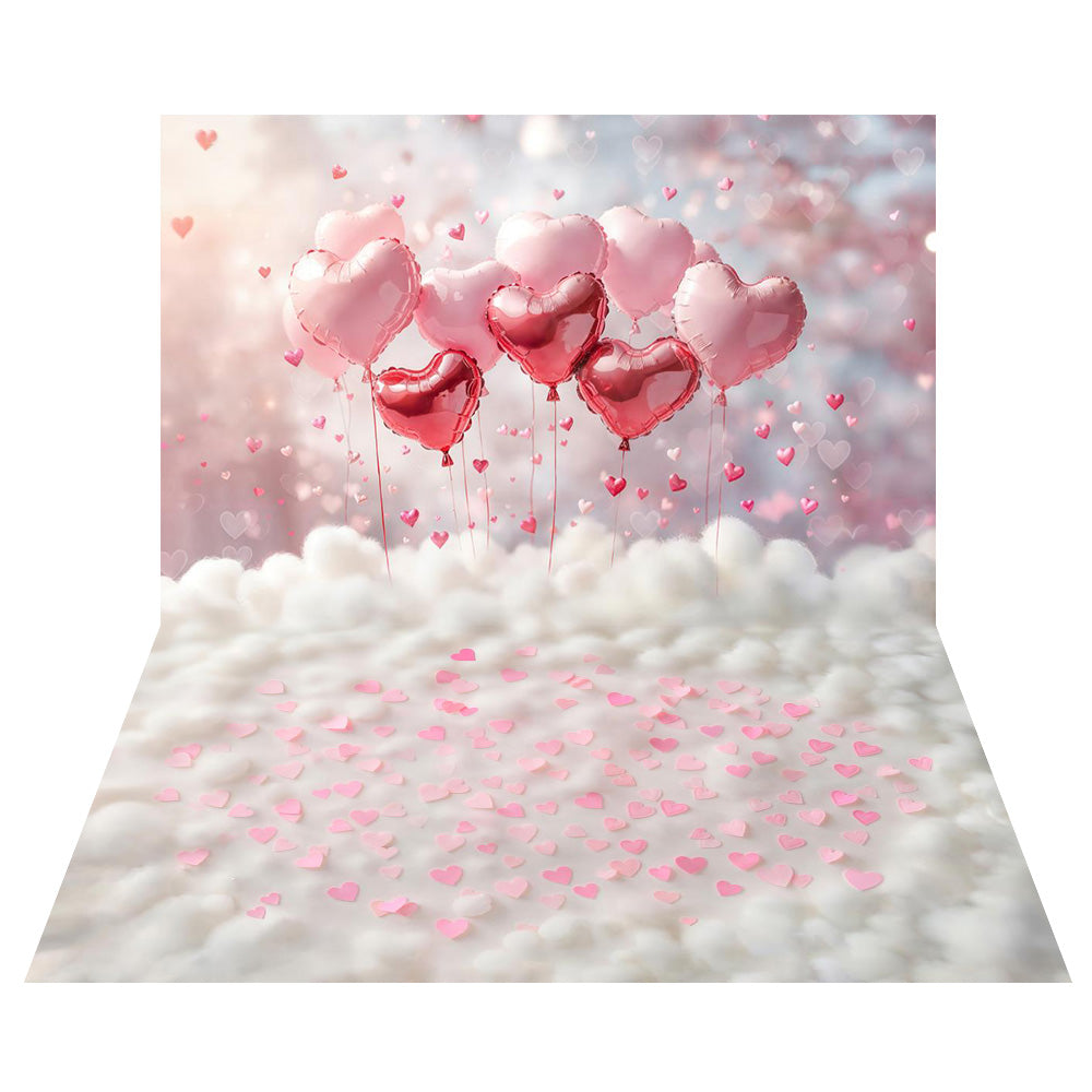 Kate Valentinstag Rosa Herzballons Wolken Hintergrund+Rosa Herzen auf weißer Wolkenstruktur boden Hintergrund
