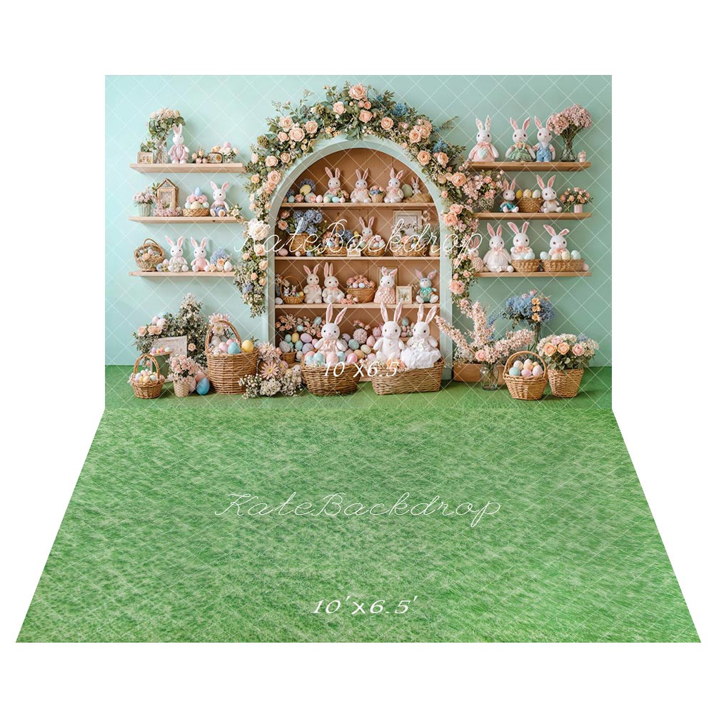 Kate Osterhasen-Blumenbogen-Schrank Pastellfarbene Eierkörbe Hintergrund+Frühlingsgrünes Gras boden Hintergrund