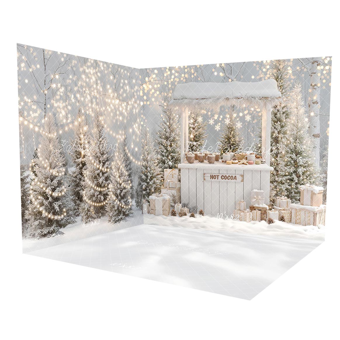 Kate Weihnachten Winter Heiße Schokolade Stand Verschneite Bäume Geschenke Raum Hintergrund-Set - Kate Backdrop.de