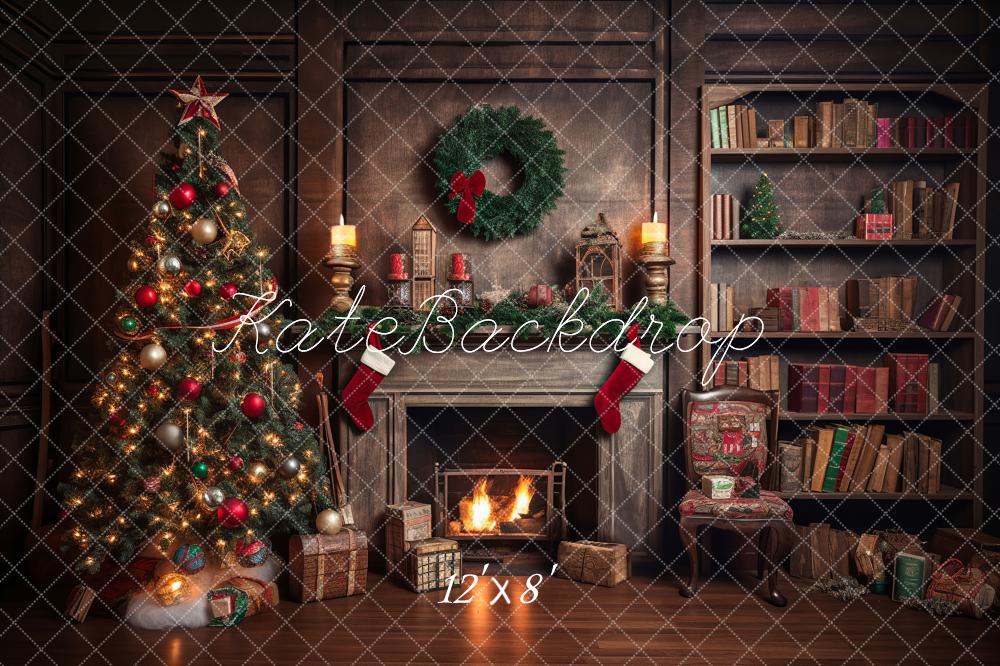 Kate Retro Weihnachtsbaum Kamin Santa Warmes Haus Buch Fleece Hintergrund - Kate Backdrop.de