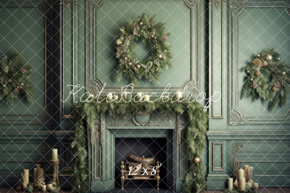Kate Eleganter Kamin mit Weihnachtsgrün Fleece Hintergrund Entworfen von Mandy Ringe - Kate Backdrop.de