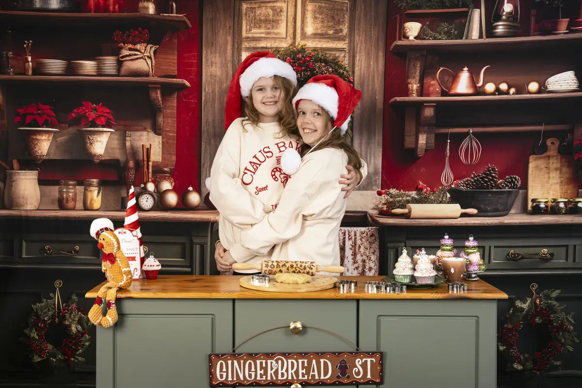 Kate Rot und Grün Weihnachtsküche Fleece Hintergrund Entworfen von Mandy Ringe - Kate Backdrop.de