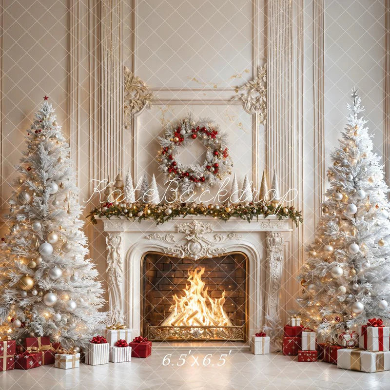 Kate Weihnachten - Kamin Weiße Bäume Geschenke Hintergrund entworfen von Emetselch - Kate Backdrop.de