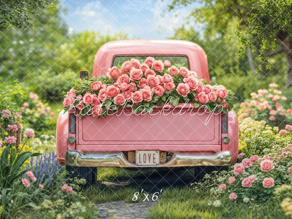 ⚡Blitzangebote #2-Kate Valentinstag Pink Truck Rosengarten Hintergrund - Kate Backdrop.de