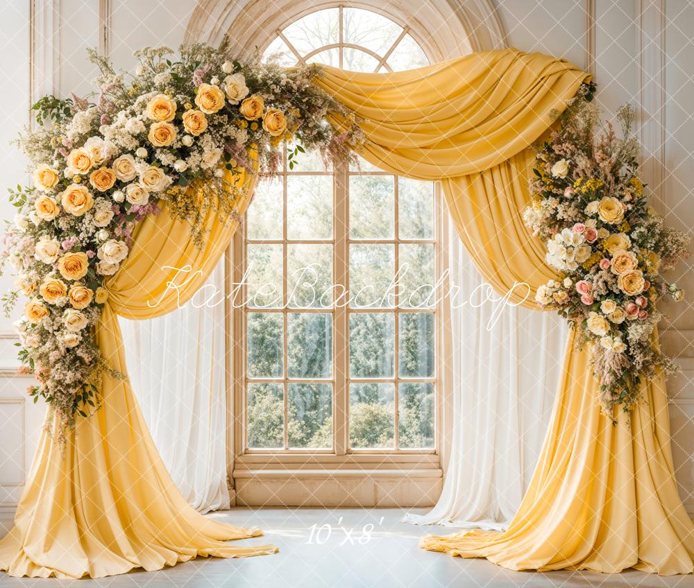 🔥50%OFF-Kate Eleganter Blumenbogen Gelbe Vorhänge Fleece Hintergrund - Kate Backdrop.de