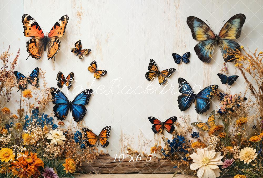 ⚡Blitzangebote #1-Kate Schmetterling Blumen Garten Weiße Wand Fleece Hintergrund - Kate Backdrop.de