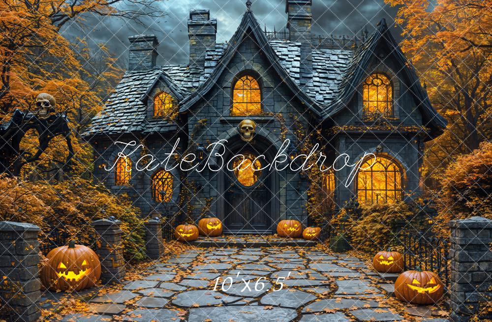 Kate Halloween Spukhaus Kürbisse Ahornbäume Fleece Hintergrund - Kate Backdrop.de