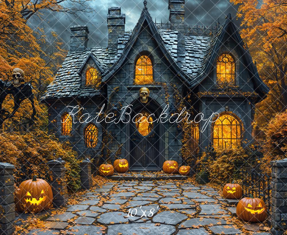 Kate Halloween Spukhaus Kürbisse Ahornbäume Fleece Hintergrund - Kate Backdrop.de