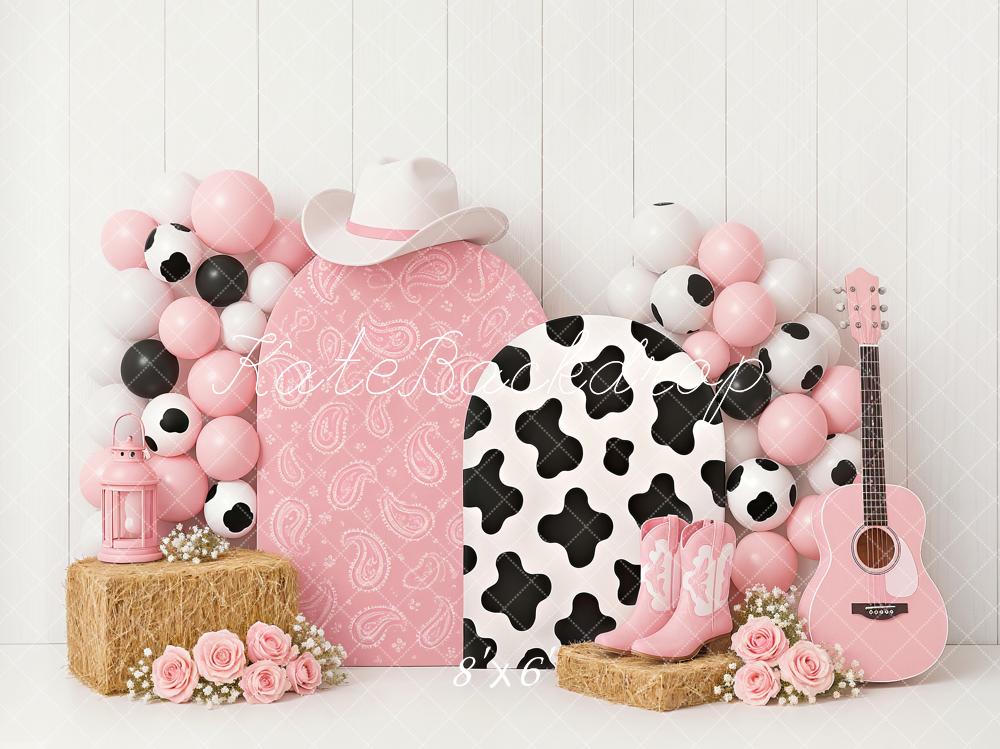 Kate Cake Smash Kuhmädchen Cowboystiefel Rosa Fleece Hintergrund Entworfen von Ashley Paul - Kate Backdrop.de