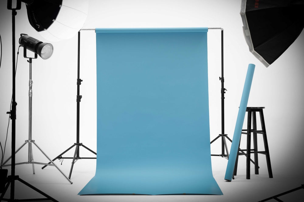 Kate Hellblauer nahtloser Papierhintergrund für Fotografie - Kate Backdrop.de