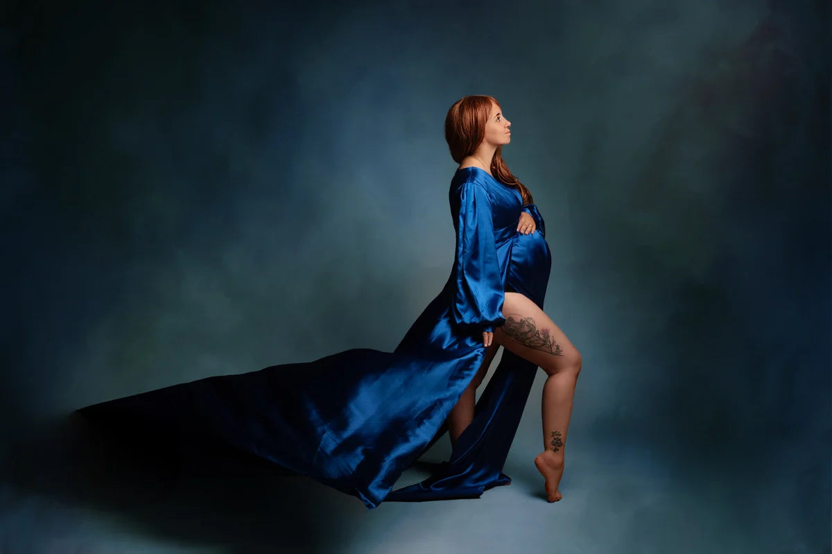 Kate Long Sleeve Satin Blue Maternity Photoshoot Dress - Kate Backdrop.de