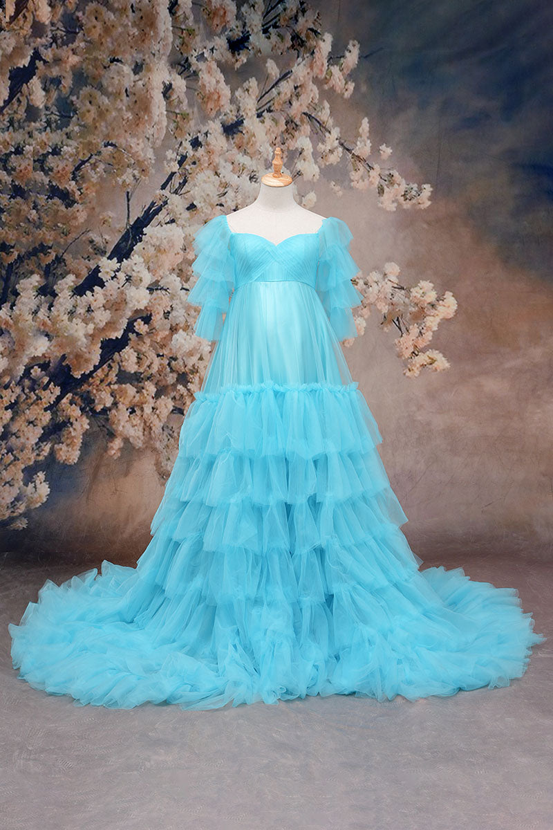 Kate One Shoulder Mesh Blue Maternity Photoshoot Dress - Kate Backdrop.de